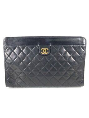 Chanel Clutch CC Logo Quilted Leather Black